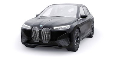 Tula, Rusya. 21 Ocak 2022: BMW iX 2022 Siyah lüks SUV elektrikli araba beyaz arka planda izole edildi. 3d illüstrasyon