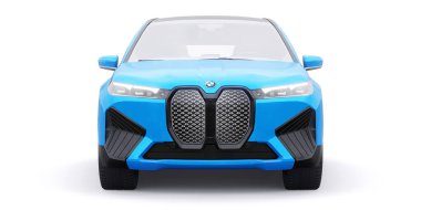 Tula, Rusya. 21 Ocak 2022: BMW iX 2022 Mavi lüks SUV elektrikli araba beyaz arka planda izole edildi. 3d illüstrasyon