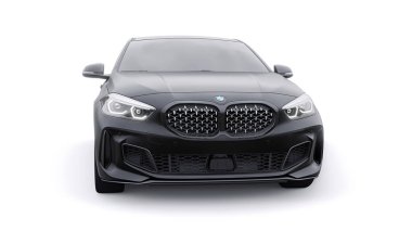 Tula, Rusya. 9 Ocak 2022: BMW M135i XDrive. Siyah araba beyaz arka planda izole edilmiş. 3d oluşturma