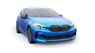 Tula, Rusya. 9 Ocak 2022: BMW M135i XDrive. Mavi araba beyaz arka planda izole edilmiş. 3d oluşturma.