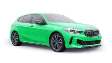 Tula, Rusya. 9 Ocak 2022: BMW M135i XDrive. Yeşil araba beyaz arka planda izole edilmiş. 3d oluşturma