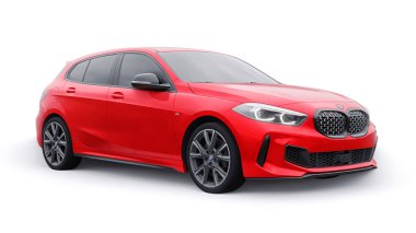 Tula, Russia. January 9, 2022: BMW M135i XDrive. Red car isolated on white background. 3d rendering