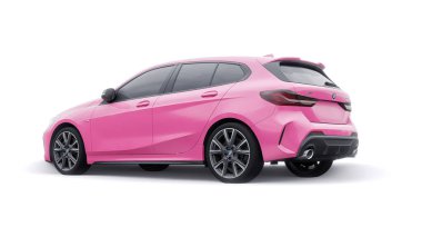 Tula, Russia. January 9, 2022: BMW M135i XDrive. Pink car isolated on white background. 3d rendering