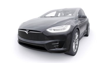 Tula, Rusya. 6 Ocak 2022: Tesla Model X tam boyutlu şehir cipi. Araba beyaz arka planda izole edilmiş. 3d oluşturma