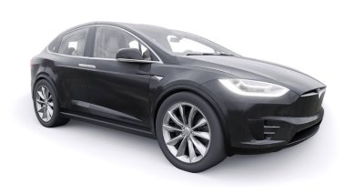 Tula, Rusya. 6 Ocak 2022: Tesla Model X tam boyutlu şehir cipi. Araba beyaz arka planda izole edilmiş. 3d oluşturma