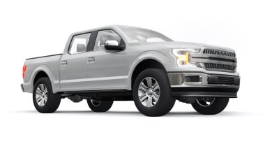 İkili taksisi olan büyük, modern bir kamyonet, beyaz üniforma arka planında parlayan farlar. 3d oluşturma