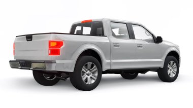 İkili taksisi olan büyük, modern bir kamyonet, beyaz üniforma arka planında parlayan farlar. 3d oluşturma