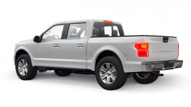 İkili taksisi olan büyük, modern bir kamyonet, beyaz üniforma arka planında parlayan farlar. 3d oluşturma