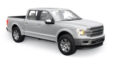 İkili taksisi olan büyük, modern bir kamyonet, beyaz üniforma arka planında parlayan farlar. 3d oluşturma