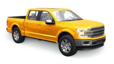 İkili taksisi olan büyük, modern bir kamyonet, beyaz üniforma arka planında parlayan farlar. 3d oluşturma