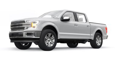 İkili taksisi olan büyük, modern bir kamyonet, beyaz üniforma arka planında parlayan farlar. 3d oluşturma