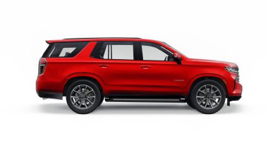 Tula, Rusya. 4 Kasım 2021, Chevrolet Tahoe kırmızı lüks araba beyaz arka planda izole edildi. 3d illüstrasyon
