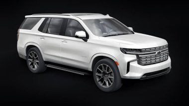 Tula, Rusya. 4 Kasım 2021, Chevrolet Tahoe beyaz lüks araba siyah arka planda izole edildi. 3d illüstrasyon