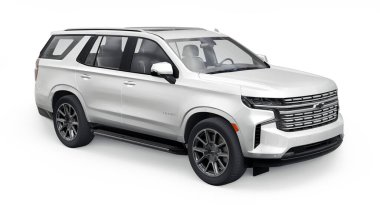 Tula, Rusya. 4 Kasım 2021 Chevrolet Tahoe beyaz lüks araba beyaz arka planda izole edildi. 3d illüstrasyon