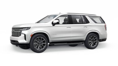 Tula, Rusya. 4 Kasım 2021 Chevrolet Tahoe beyaz lüks araba beyaz arka planda izole edildi. 3d illüstrasyon