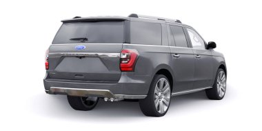 Tula, Rusya. 20 Ocak 2022: Ford Expedition 2019 Gri Premium Ailesi SUV beyaz arka planda izole edildi. 3d oluşturma.