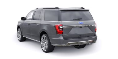Tula, Rusya. 20 Ocak 2022: Ford Expedition 2019 Gri Premium Ailesi SUV beyaz arka planda izole edildi. 3d oluşturma.
