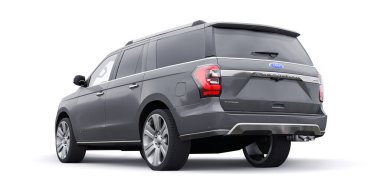 Tula, Rusya. 20 Ocak 2022: Ford Expedition 2019 Gri Premium Ailesi SUV beyaz arka planda izole edildi. 3d oluşturma.