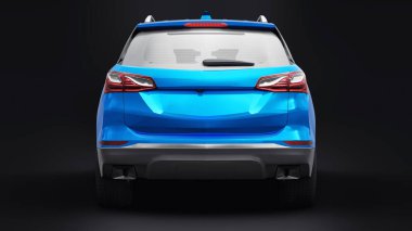 Siyah arka plandaki bir aile için mavi, orta ölçekli bir SUV. 3d oluşturma