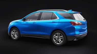 Siyah arka plandaki bir aile için mavi, orta ölçekli bir SUV. 3d oluşturma