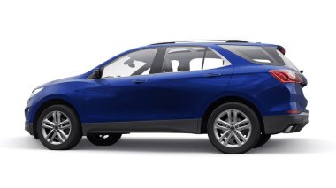 Beyaz arka planda bir aile için mavi, orta ölçekli şehir cipi. 3d oluşturma