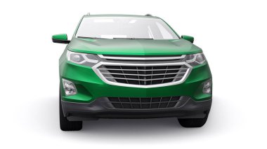 Beyaz arka planda yaşayan bir aile için yeşil, orta ölçekli şehir cipi. 3d oluşturma