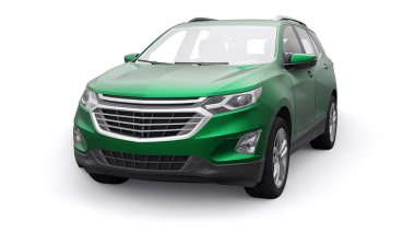 Beyaz arka planda yaşayan bir aile için yeşil, orta ölçekli şehir cipi. 3d oluşturma