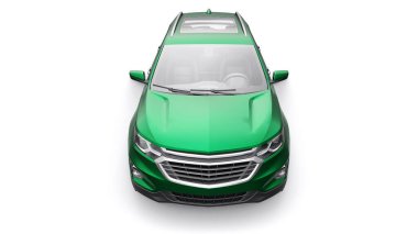 Beyaz arka planda yaşayan bir aile için yeşil, orta ölçekli şehir cipi. 3d oluşturma