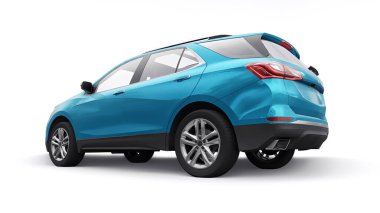 Beyaz arka planda bir aile için mavi, orta ölçekli şehir cipi. 3d oluşturma