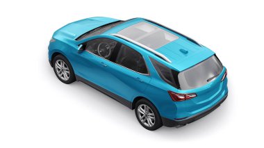 Beyaz arka planda bir aile için mavi, orta ölçekli şehir cipi. 3d oluşturma