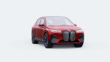 Tula, Rusya. 21 Ocak 2022: BMW iX 2022 Kırmızı lüks SUV elektrikli araba beyaz arka planda izole edildi. 3d illüstrasyon.