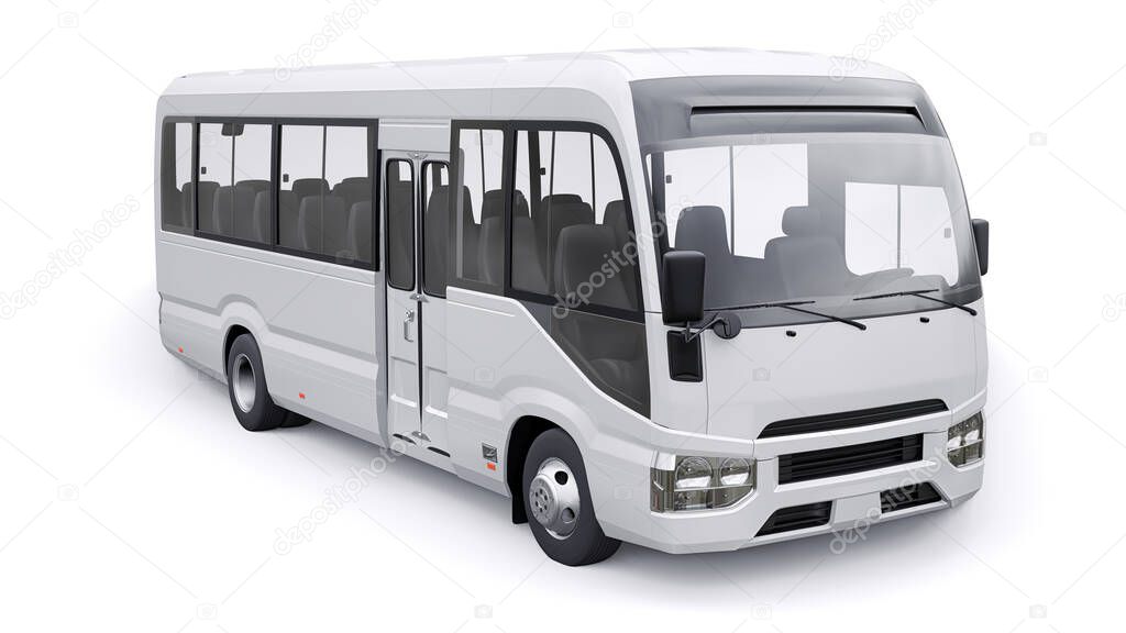 White Small bus for urban and suburban for travel. Car with empty body for design and advertising. 3d illustration.