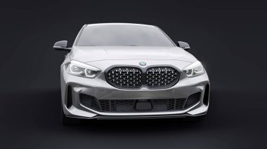 Tula, Rusya. 9 Ocak 2022: BMW M135i XDrive. Gri araba siyah arka planda izole edilmiş. 3d oluşturma.