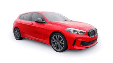 Tula, Russia. January 9, 2022: BMW M135i XDrive. Red car isolated on white background. 3d rendering