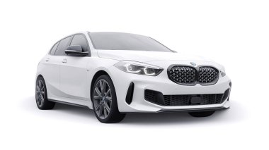 Tula, Russia. January 9, 2022: BMW M135i XDrive. White car isolated on white background. 3d rendering
