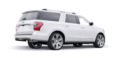 Tula, Rusya. 20 Ocak 2022: Ford Expedition 2019 beyaz Premium Family SUV beyaz arka planda izole edildi. 3d oluşturma.