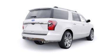 Tula, Rusya. 20 Ocak 2022: Ford Expedition 2019 beyaz Premium Family SUV beyaz arka planda izole edildi. 3d oluşturma.