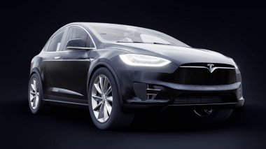Tula, Rusya. 6 Ocak 2022: Tesla Model X tam boyutlu şehir cipi. Araba siyah arka planda izole edilmiş. 3d oluşturma.