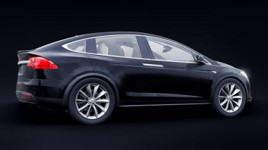 Tula, Rusya. 6 Ocak 2022: Tesla Model X tam boyutlu şehir cipi. Araba siyah arka planda izole edilmiş. 3d oluşturma.