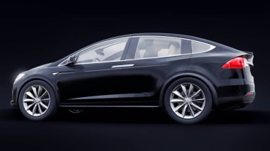Tula, Rusya. 6 Ocak 2022: Tesla Model X tam boyutlu şehir cipi. Araba siyah arka planda izole edilmiş. 3d oluşturma.
