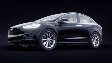 Tula, Rusya. 6 Ocak 2022: Tesla Model X tam boyutlu şehir cipi. Araba siyah arka planda izole edilmiş. 3d oluşturma.