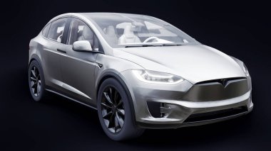 Tula, Rusya. 6 Ocak 2022: Tesla Model X tam boyutlu şehir cipi. Araba beyaz arka planda izole edilmiş. 3d oluşturma