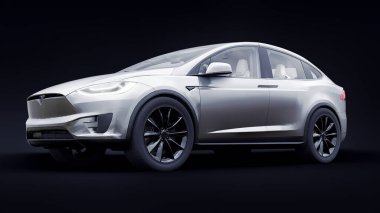 Tula, Rusya. 6 Ocak 2022: Tesla Model X tam boyutlu şehir cipi. Araba beyaz arka planda izole edilmiş. 3d oluşturma