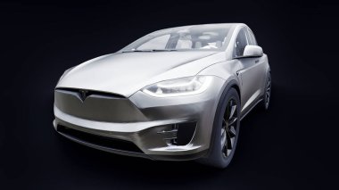 Tula, Rusya. 6 Ocak 2022: Tesla Model X tam boyutlu şehir cipi. Araba beyaz arka planda izole edilmiş. 3d oluşturma