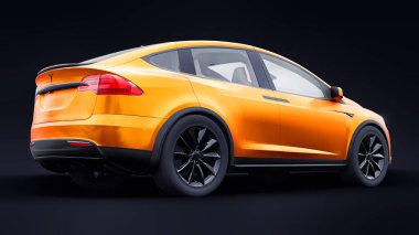 Tula, Rusya. 6 Ocak 2022: Tesla Model X tam boyutlu şehir cipi. Araba siyah arka planda izole edilmiş. 3d oluşturma.