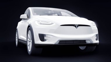 Tula, Rusya. 6 Ocak 2022: Tesla Model X tam boyutlu şehir cipi. Araba siyah arka planda izole edilmiş. 3d oluşturma.