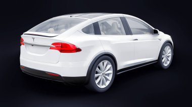 Tula, Rusya. 6 Ocak 2022: Tesla Model X tam boyutlu şehir cipi. Araba siyah arka planda izole edilmiş. 3d oluşturma.