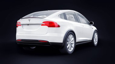 Tula, Rusya. 6 Ocak 2022: Tesla Model X tam boyutlu şehir cipi. Araba siyah arka planda izole edilmiş. 3d oluşturma.