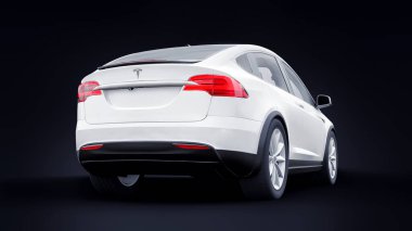 Tula, Rusya. 6 Ocak 2022: Tesla Model X tam boyutlu şehir cipi. Araba siyah arka planda izole edilmiş. 3d oluşturma.