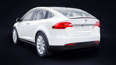 Tula, Rusya. 6 Ocak 2022: Tesla Model X tam boyutlu şehir cipi. Araba siyah arka planda izole edilmiş. 3d oluşturma.